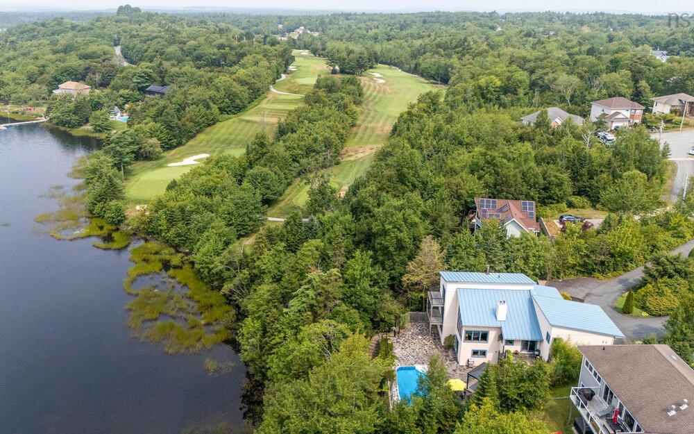 Aerial view of a large body of water and a golf club